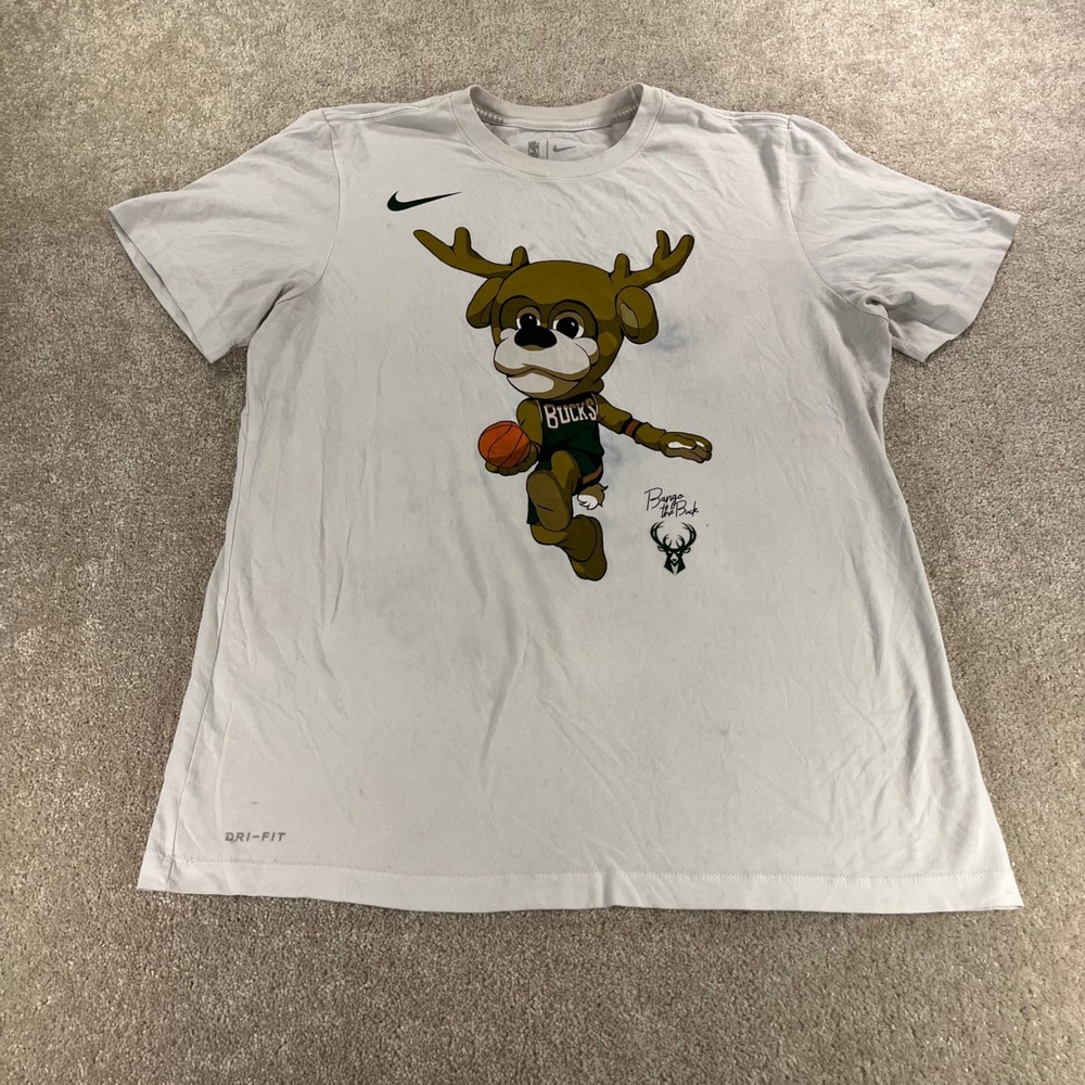 Nike Milwaukee Bucks Bango the Buck Mens Large Grey Dri-FIT Graphic Tee‎
